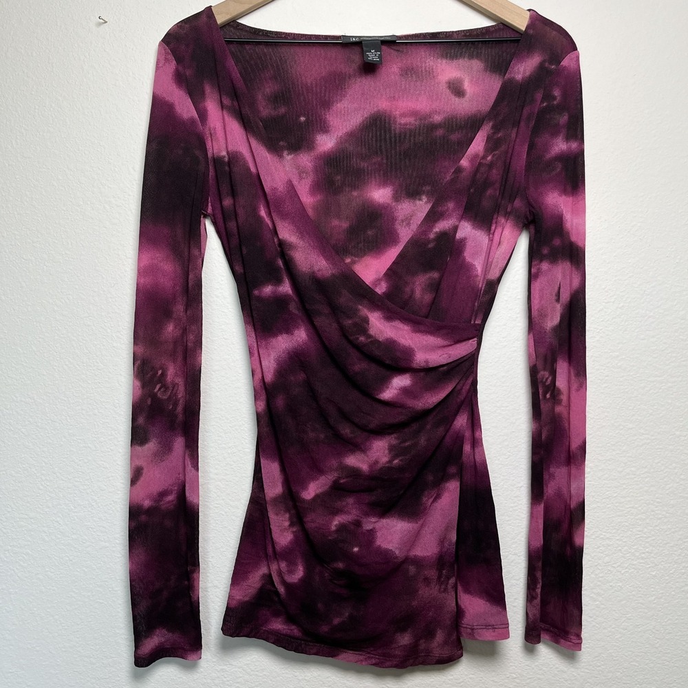 VTG‎ 90s y2k Women Faux Wrap Babydoll Top Medium Burgundy Nylon Knit Whimsigoth - Picture 2 of 10